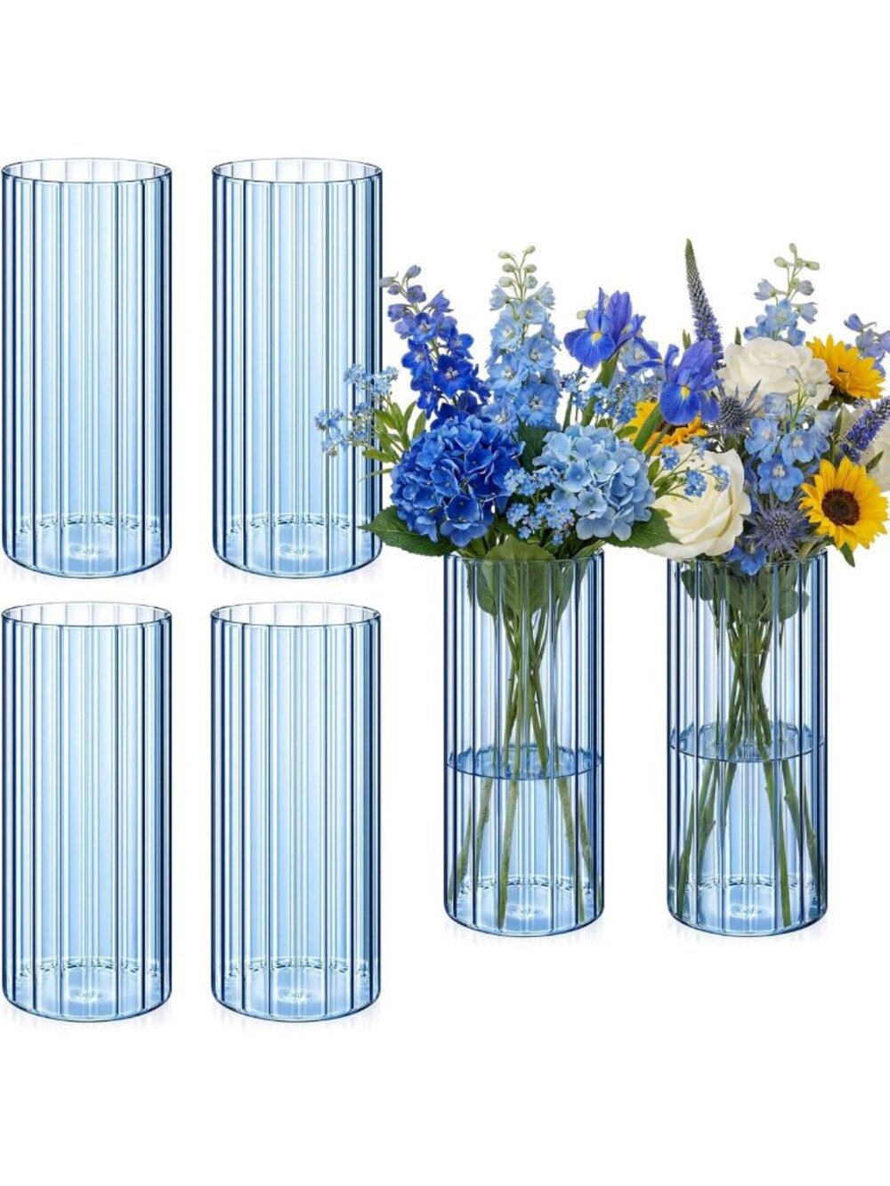 Set of 6 Tall 8-Inch Ribbed Glass Cylinder Vases - Elegant Home Decor, Blue